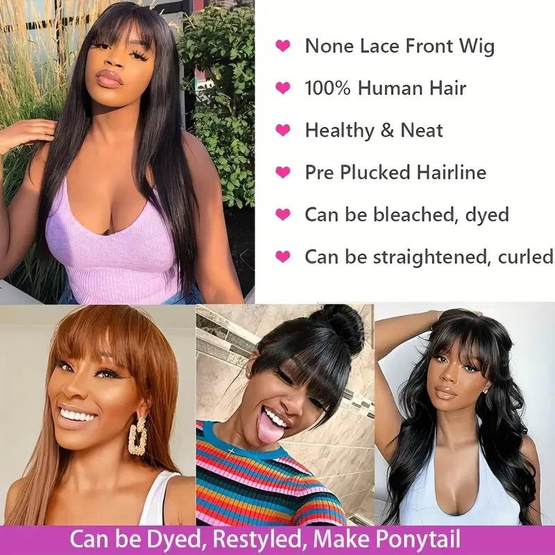 Storazone Silky Straight Human Hair Wigs With Bang Full Machine Made Wigs 8-30inch Natural Color Glueless Peruvian Remy Human Hair Wigs