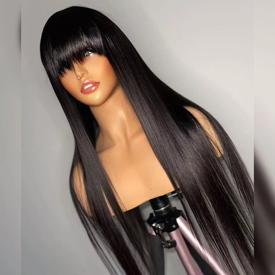 Storazone Silky Straight Human Hair Wigs With Bang Full Machine Made Wigs 8-30inch Natural Color Glueless Peruvian Remy Human Hair Wigs