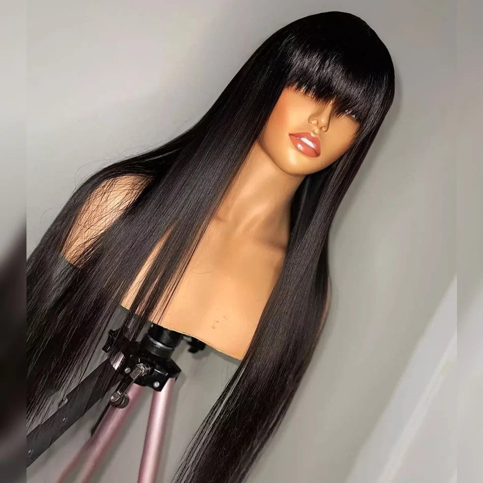 Storazone Silky Straight Human Hair Wigs With Bang Full Machine Made Wigs 8-30inch Natural Color Glueless Peruvian Remy Human Hair Wigs