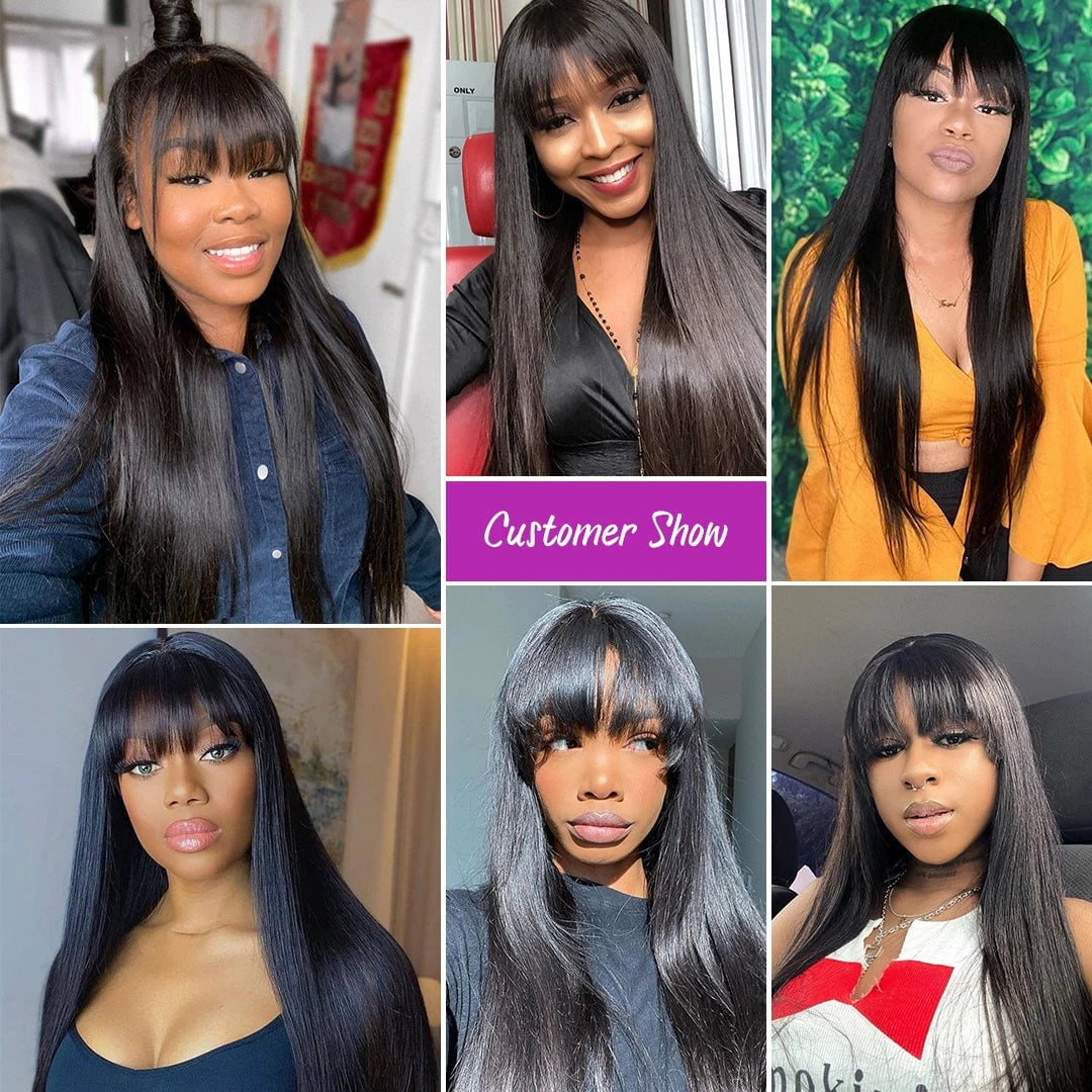 Storazone Silky Straight Human Hair Wigs With Bang Full Machine Made Wigs 8-30inch Natural Color Glueless Peruvian Remy Human Hair Wigs