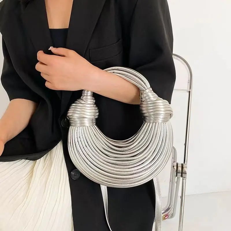 Storazone Silver / (20cm<Max Length<30cm) Handbags for Women 2023 New Gold Luxury Designer Brand Handwoven Noodle Bags Rope Knotted Pulled Hobo Silver Evening Clutch Chic