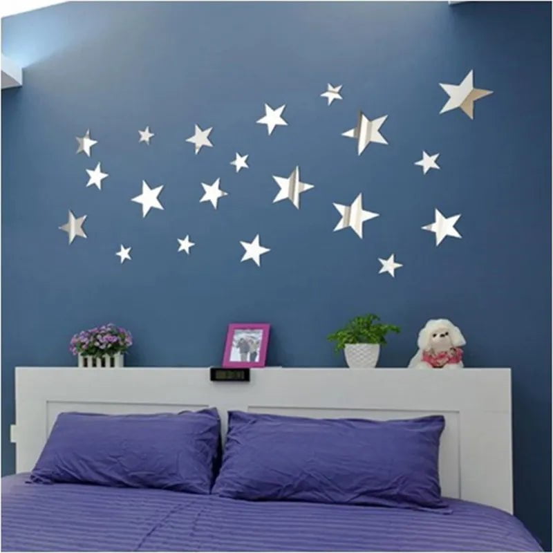 Storazone silver 20pcs Star Wall Sticker 3D Acrylic Irregular Mirror Vanity Living Room Decoration Cartoon Wall Stickers for Kids Room Home Decor