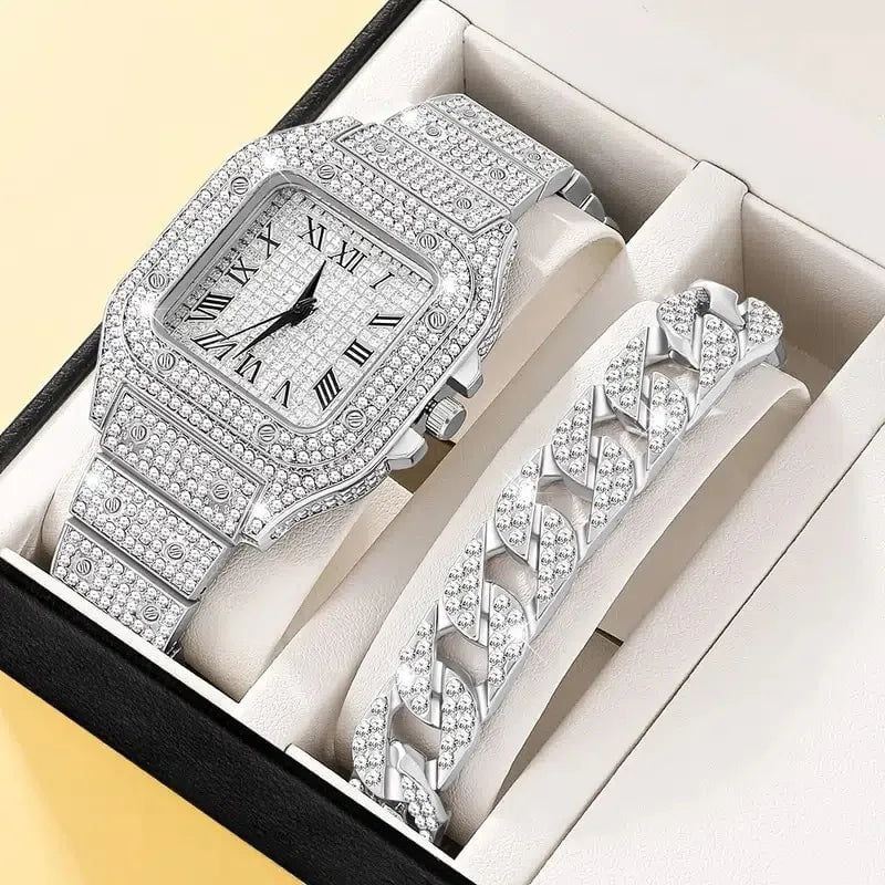 Storazone Silver 2Pcs Set Diamond Women Watches Gold Watch Ladies Wrist Watches Luxury Brand Rhinestone Womens Bracelet Watches