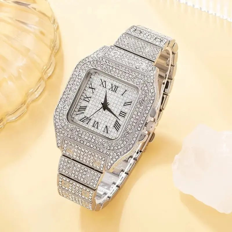 Storazone Silver 2Pcs Set Diamond Women Watches Gold Watch Ladies Wrist Watches Luxury Brand Rhinestone Womens Bracelet Watches