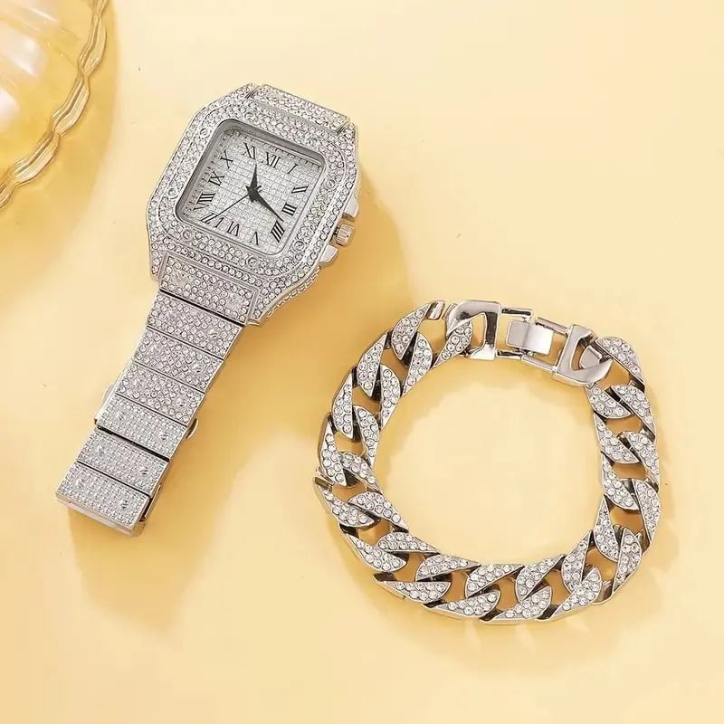 Storazone Silver 2Pcs Set Diamond Women Watches Gold Watch Ladies Wrist Watches Luxury Brand Rhinestone Womens Bracelet Watches