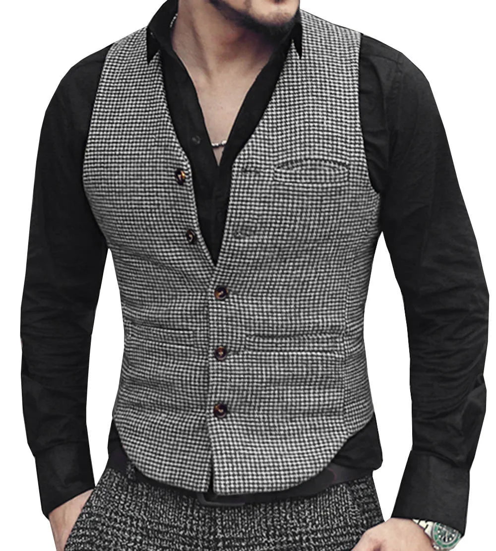 Storazone Silver / 5XL Mens Suit Vest V Neck Wool Brown Single-breasted Houndstooth Waistcoat Casual Formal Business Groomman For Wedding