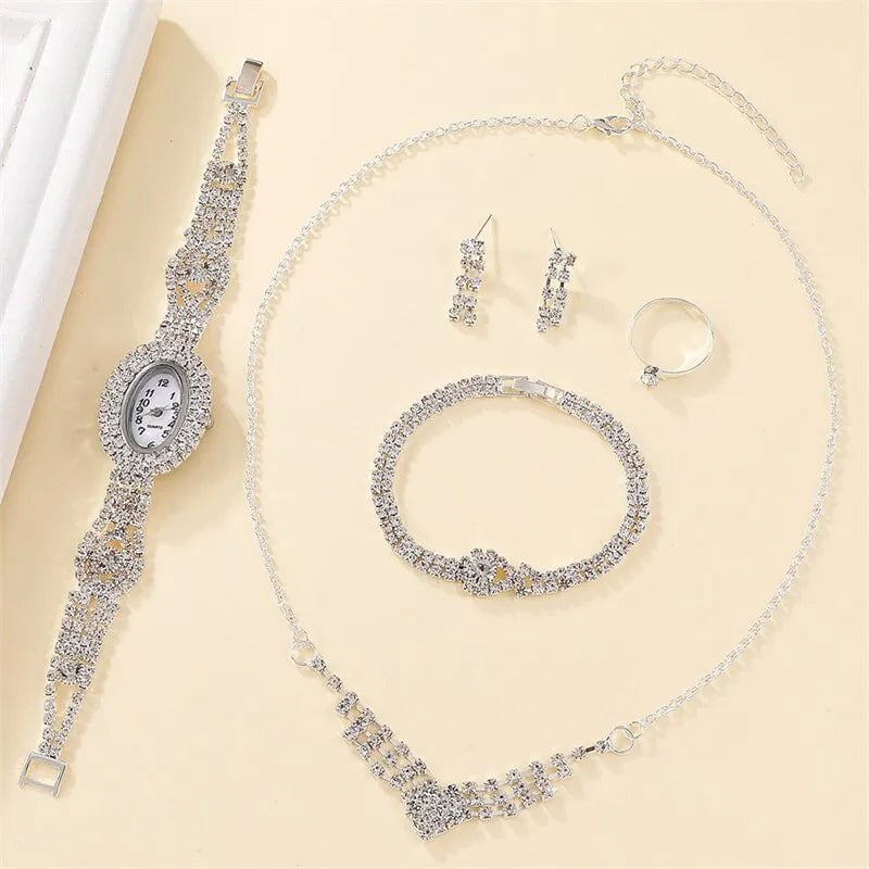 Storazone Silver 6PCS Set Luxury Watch Women Ring Necklace Earring Rhinestone Fashion Wristwatch Casual Ladies Watches Bracelet Set Clock