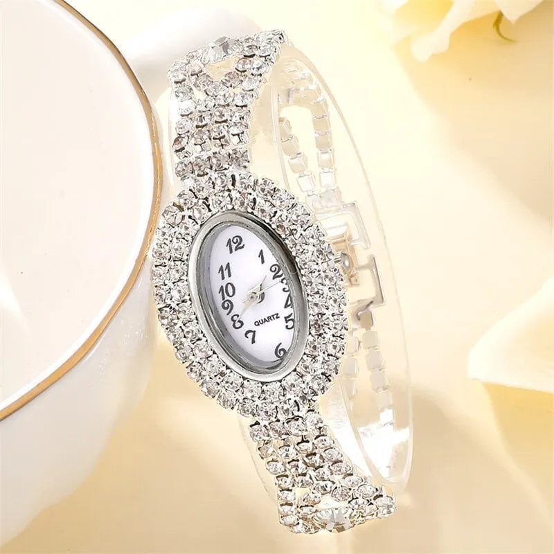 Storazone Silver 6PCS Set Luxury Watch Women Ring Necklace Earring Rhinestone Fashion Wristwatch Casual Ladies Watches Bracelet Set Clock