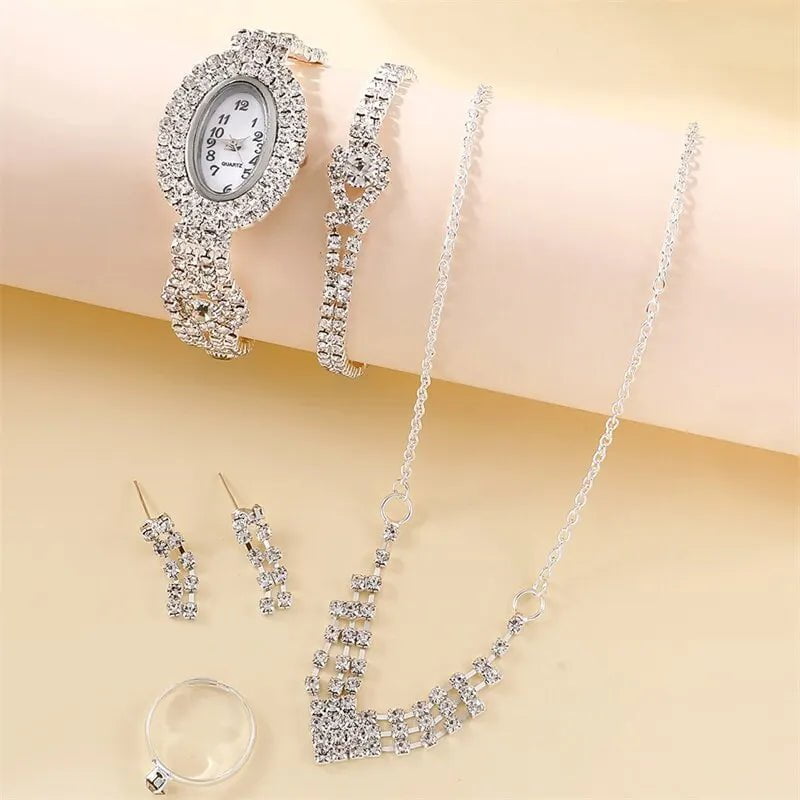 Storazone Silver 6PCS Set Luxury Watch Women Ring Necklace Earring Rhinestone Fashion Wristwatch Casual Ladies Watches Bracelet Set Clock