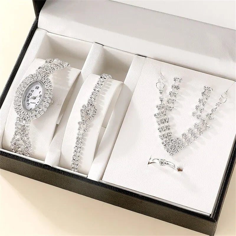 Storazone Silver 6PCS Set Luxury Watch Women Ring Necklace Earring Rhinestone Fashion Wristwatch Casual Ladies Watches Bracelet Set Clock