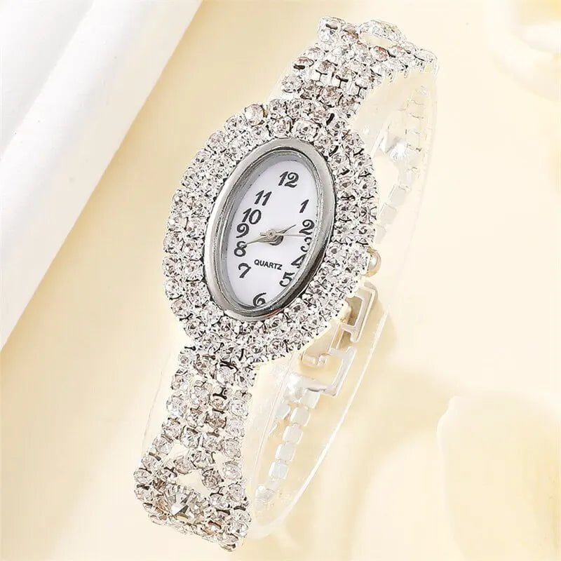 Storazone Silver 6PCS Set Luxury Watch Women Ring Necklace Earring Rhinestone Fashion Wristwatch Casual Ladies Watches Bracelet Set Clock