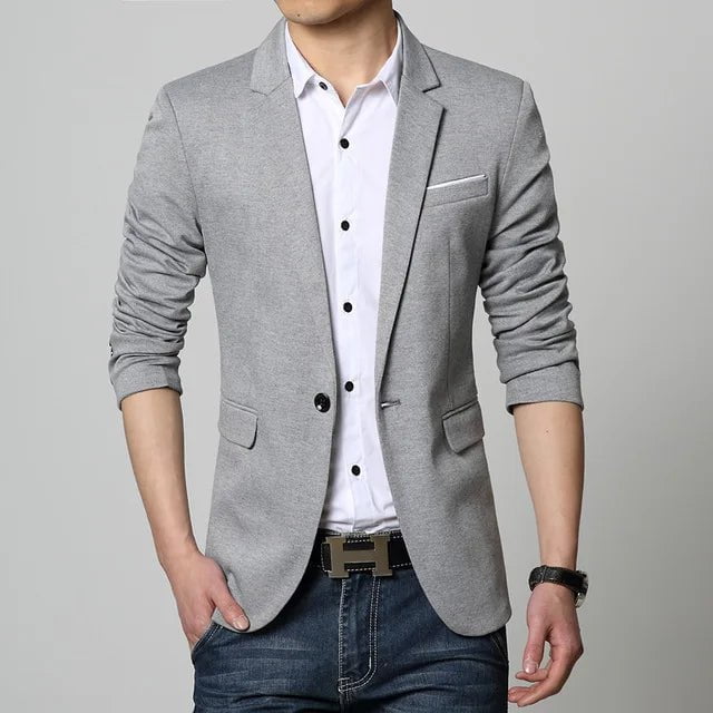 Storazone Silver / 6XL New Slim Fit Casual jacket Cotton Men Blazer Jacket Single Button Gray Mens Suit Jacket Autumn Patchwork Coat Male Suite