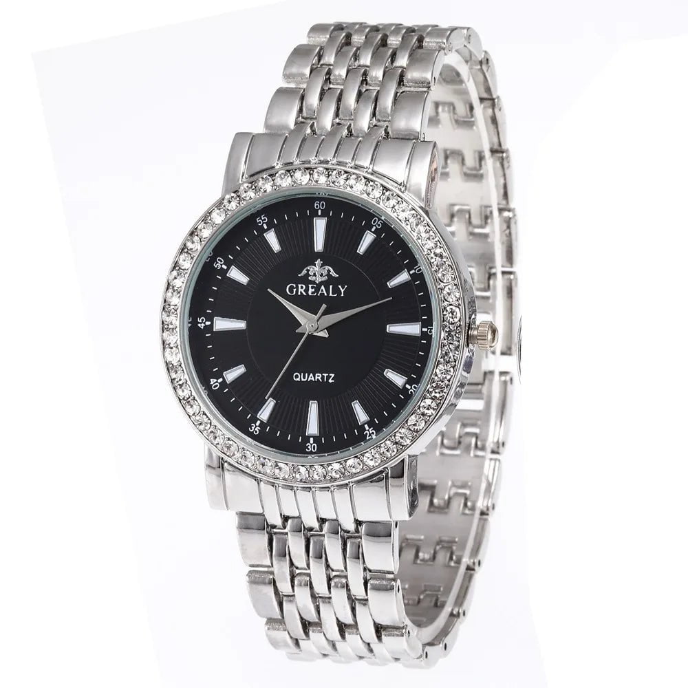 Storazone Silver Black Big / CHINA New Casual Watches Women Luxury Fashion Lovers Watch Rhinestone Stainless steel Quartz Watch Men Women Gift Business Wristwatch