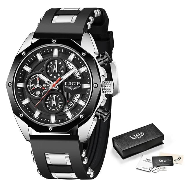 Storazone silver black LIGE Fashion Men Watches Top Brand Luxury Silicone Sport Watch Men Quartz Date Clock Waterproof Wristwatch Chronograph Clock Man
