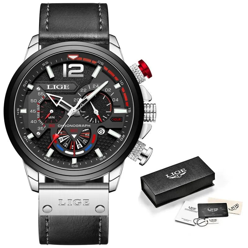Storazone silver black LIGE Fashion Watch Man Luxury Chronograph Sport Mens Watches Quartz Wristwatches Leather Male Waterproof Clock Relogio Masculino