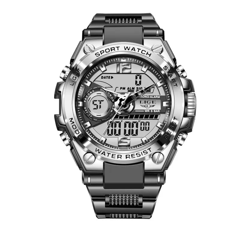 Storazone silver black LIGE Men Military Watch Digital 50m Waterproof Wristwatch LED Quartz Clock Sport Watch Male Big Watches Men Relogios Masculino