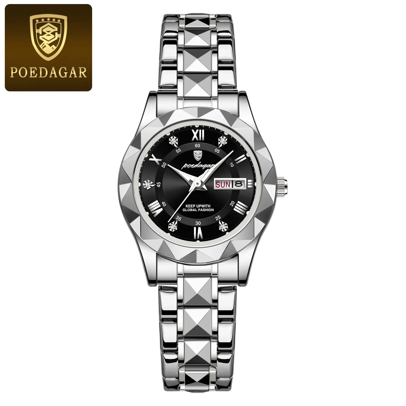 Storazone Silver Black POEDAGAR Luxury Ladies Dress Watch Luminous Waterproof Week Date Woman Wristwatch Stainless Steel Women Quartz Watches reloj+box