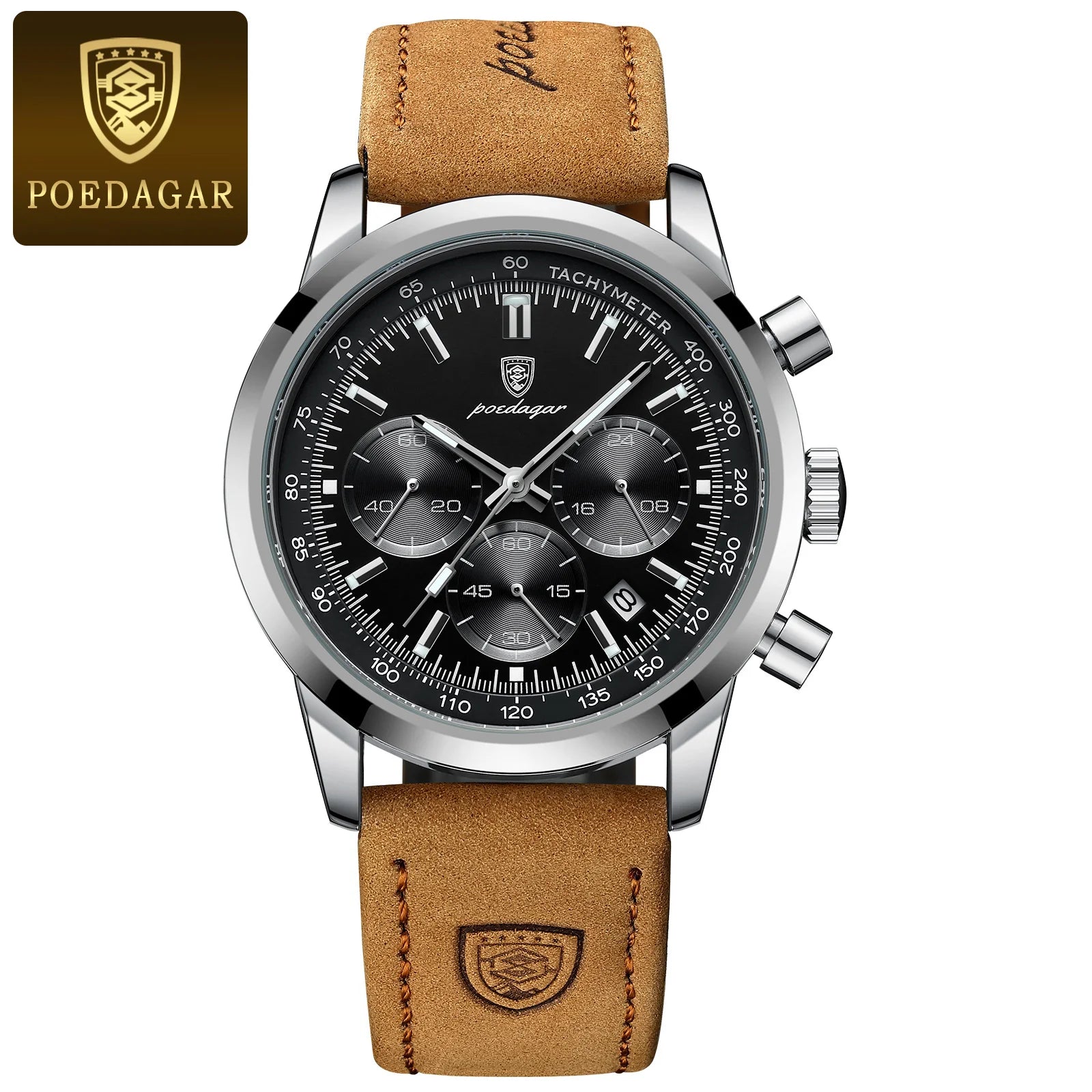 Storazone Silver Black POEDAGAR Luxury Man Watch High Quality Waterproof Chronograph Luminous Men's Wristwatch Leather Men Quartz Watches Casual Clock