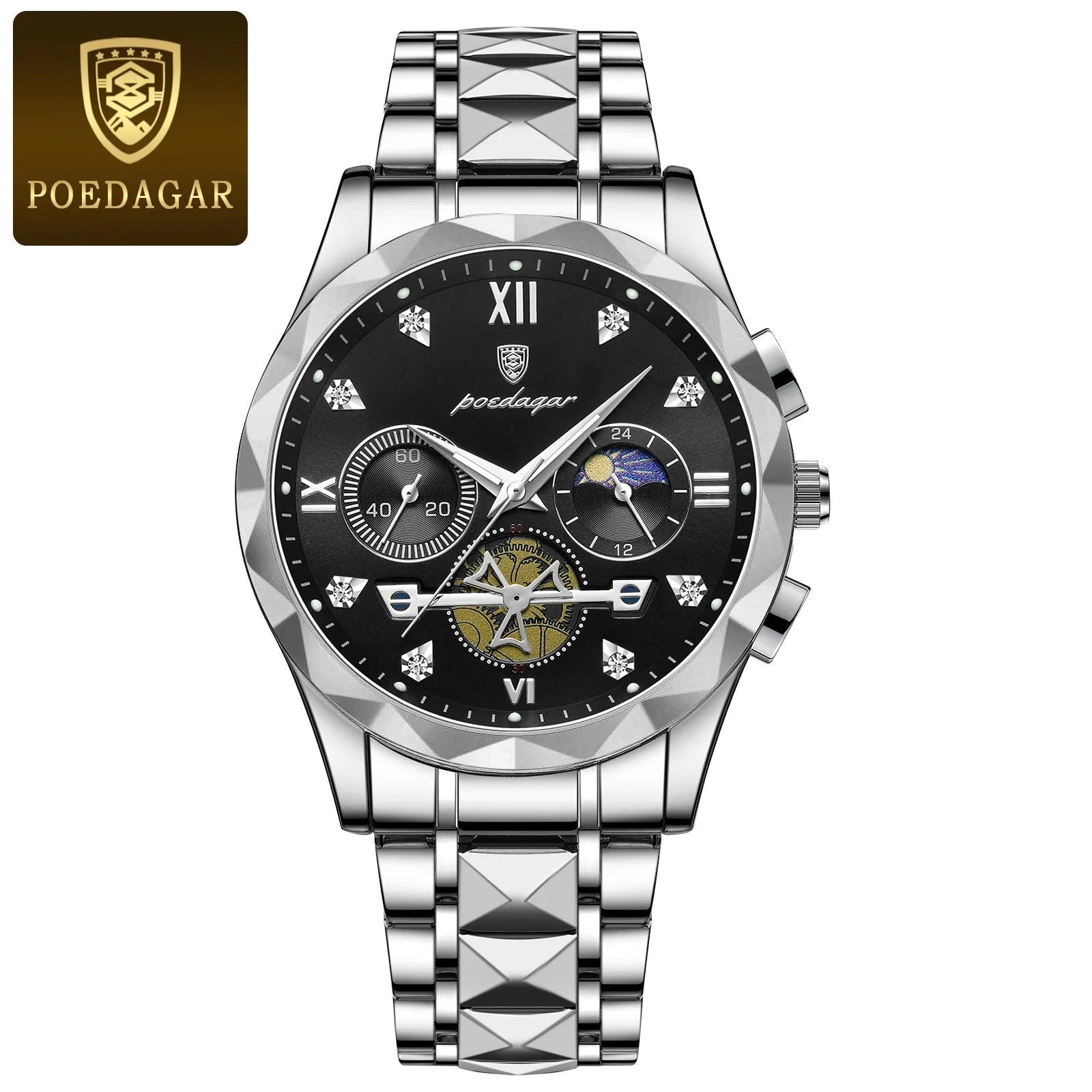 Storazone Silver Black POEDAGAR Luxury Man Wristwatch Waterproof Luminous Chronograph Watch for Men Stainless Steel Men's Quartz Watches reloj hombre