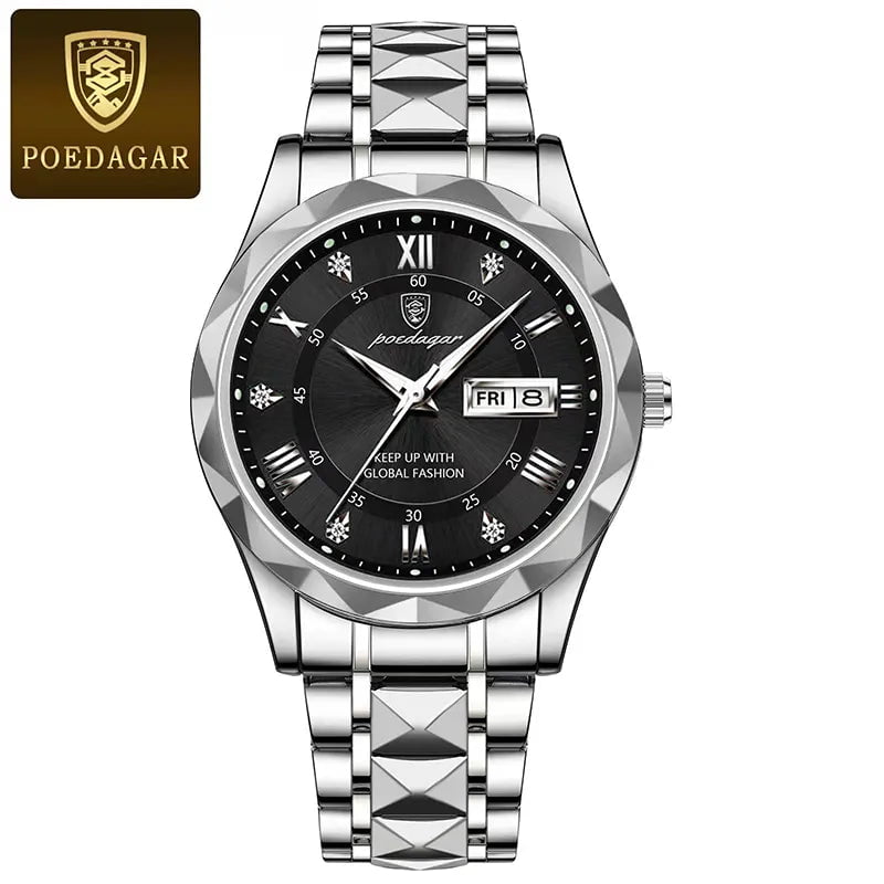 Storazone Silver Black POEDAGAR Men Luxury Watches Stainless Steel Quartz Wrsitwatches Male Auto Date Clock with Luminous New Design Business Hands+box