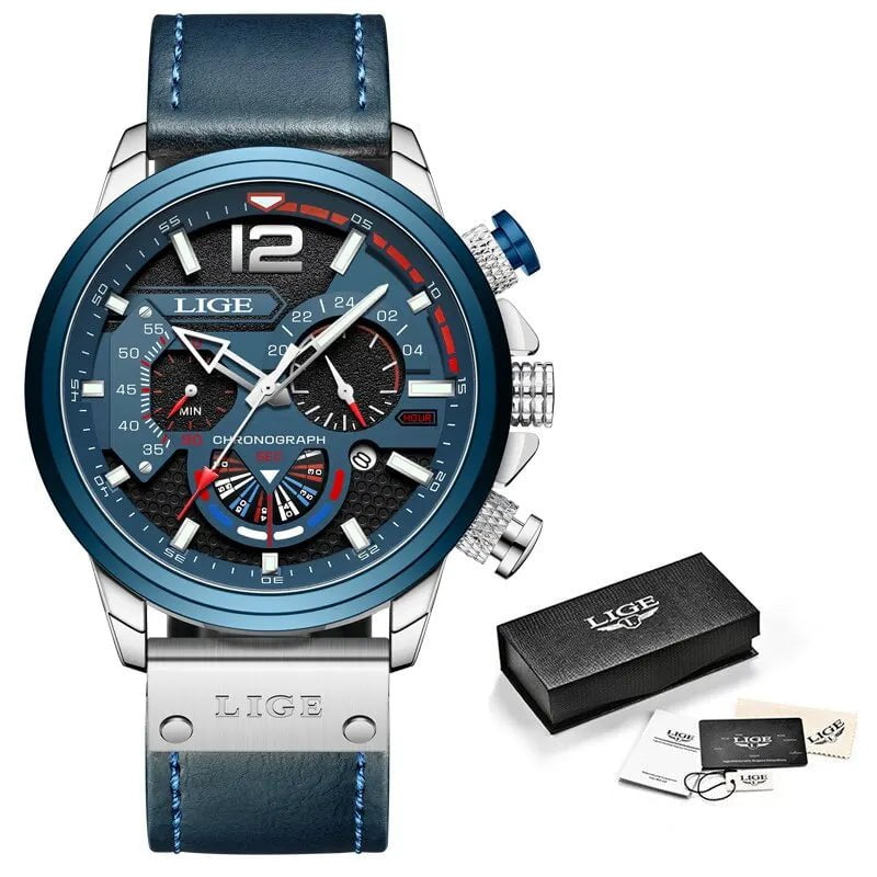 Storazone silver blue LIGE Fashion Watch Man Luxury Chronograph Sport Mens Watches Quartz Wristwatches Leather Male Waterproof Clock Relogio Masculino