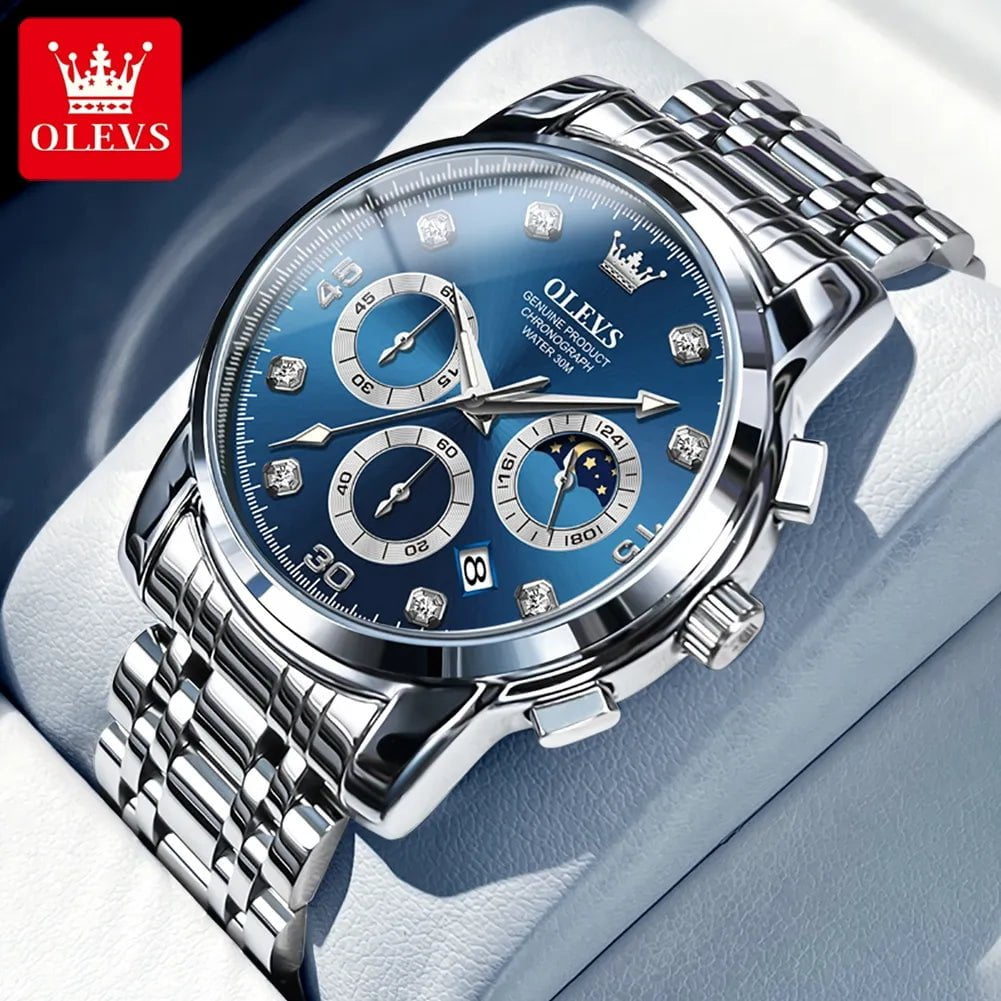 Storazone Silver Blue OLEVS Luxury Watch for Men Original High Quality Man Quartz Wristwatches Waterproof Moon Phase Design Men's Watches Reloj Hombre