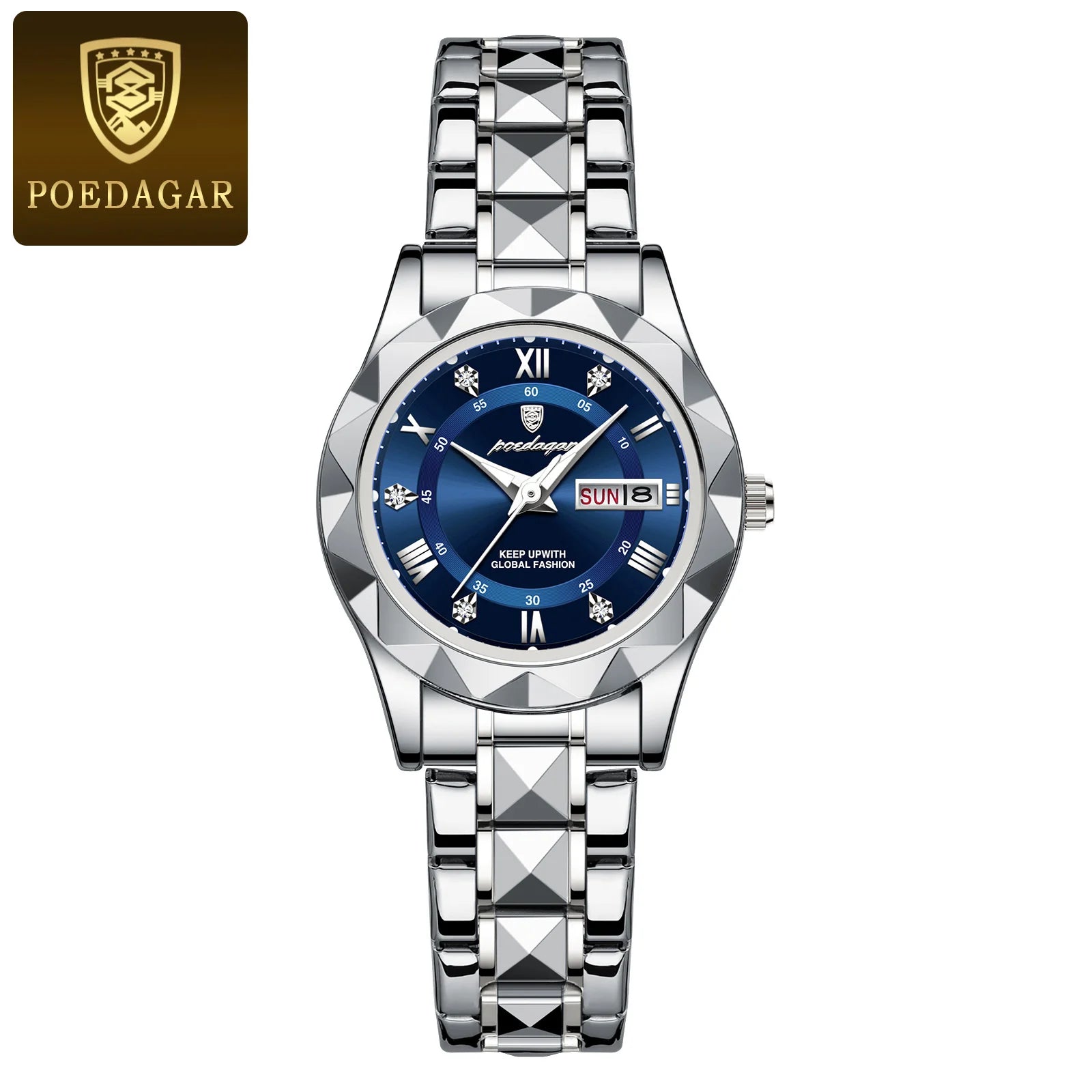 Storazone Silver Blue POEDAGAR Luxury Ladies Dress Watch Luminous Waterproof Week Date Woman Wristwatch Stainless Steel Women Quartz Watches reloj+box