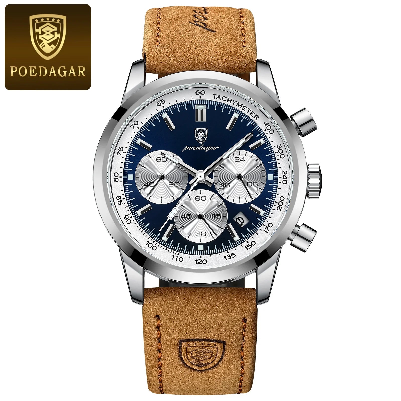 Storazone Silver Blue POEDAGAR Luxury Man Watch High Quality Waterproof Chronograph Luminous Men's Wristwatch Leather Men Quartz Watches Casual Clock