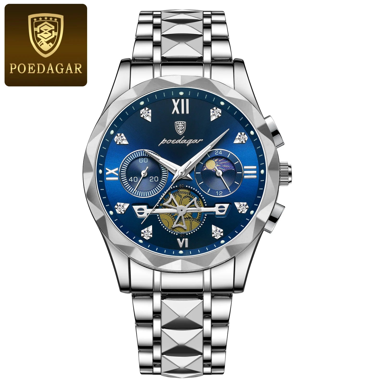 Storazone Silver Blue POEDAGAR Luxury Man Wristwatch Waterproof Luminous Chronograph Watch for Men Stainless Steel Men's Quartz Watches reloj hombre