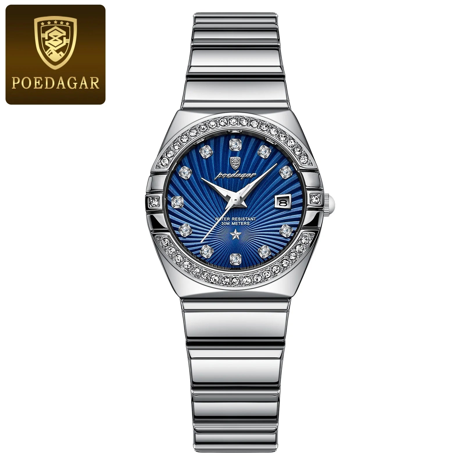 Storazone Silver Blue POEDAGAR Luxury Woman Wristwatch Waterproof Luminous Date Stainless Steel Watch For Ladies High Quality Quartz Women Watches+box