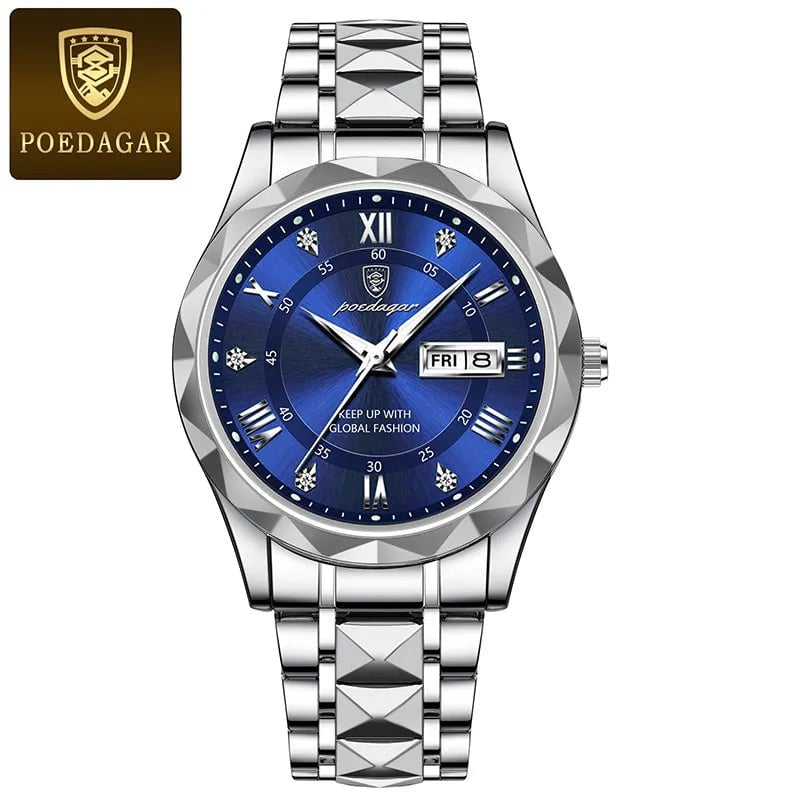 Storazone Silver Blue POEDAGAR Men Luxury Watches Stainless Steel Quartz Wrsitwatches Male Auto Date Clock with Luminous New Design Business Hands+box