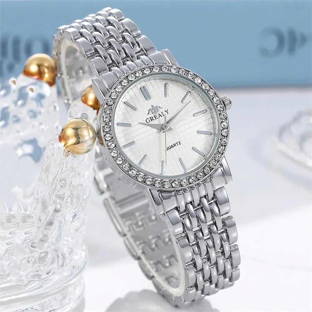 Storazone Silver Exquisite Women Quartz Watch Business Fashion Casual Round Rhinestone Quartz Watch Gift For Friends Family