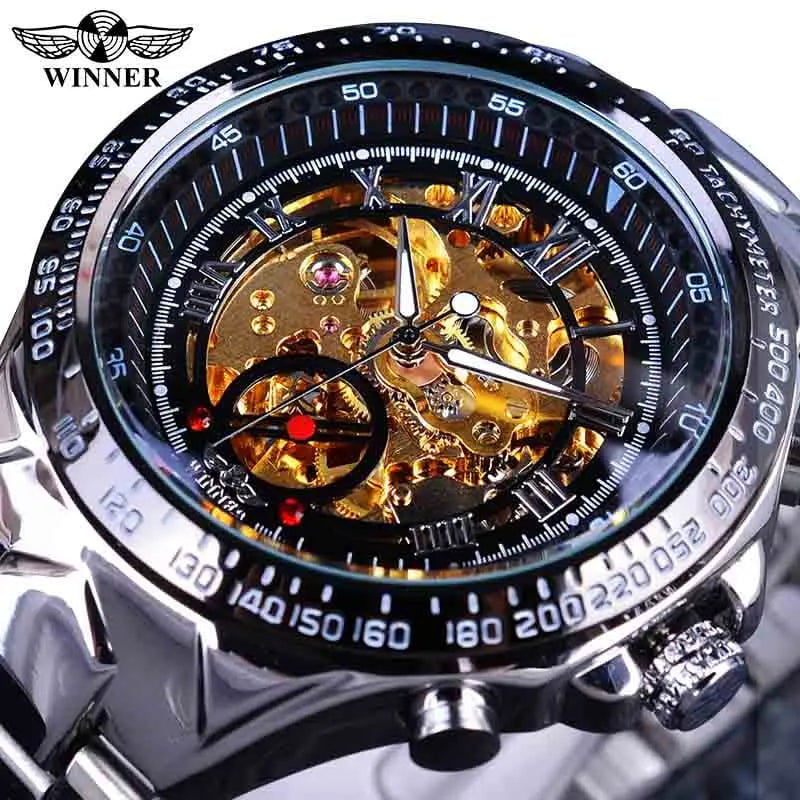 Storazone Silver Golden Winner Mechanical Sport Design Bezel Fashion Watch Mens Watches Top Brand Luxury Montre Homme Clock Men Automatic Skeleton Watch