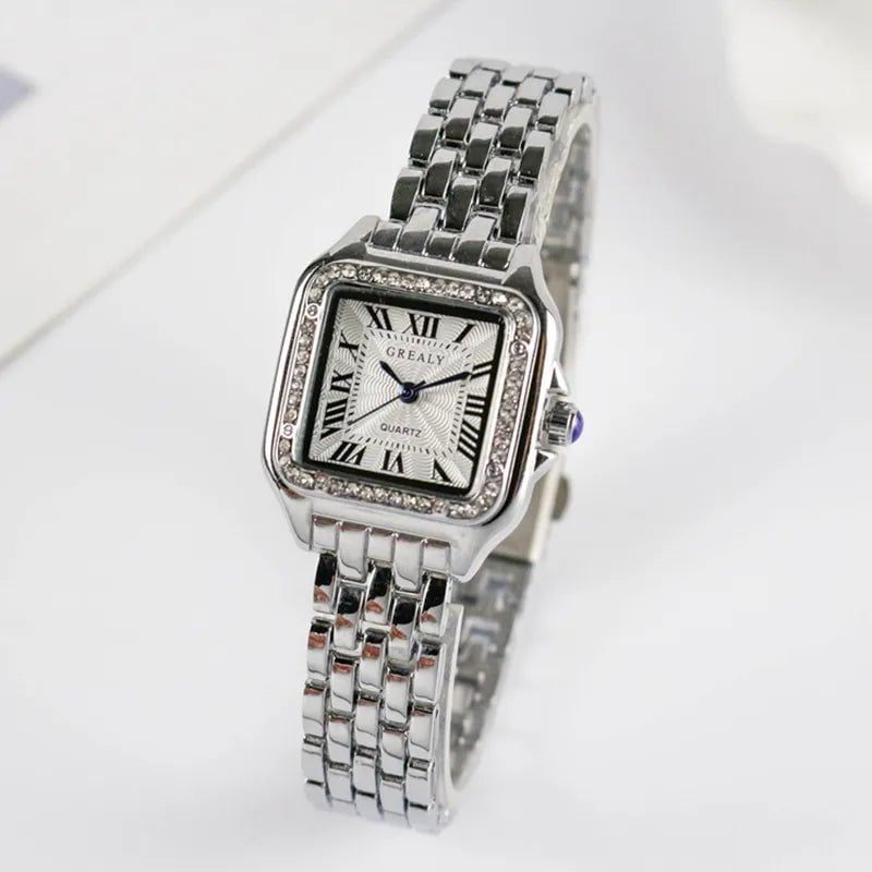 Storazone Silver Have Drill / CHINA Women's Fashion Square Watches 2021 Brand Ladies Quartz Wristwatch Classic Silver Simple Femme Steel Band Clock Zegarek Damski