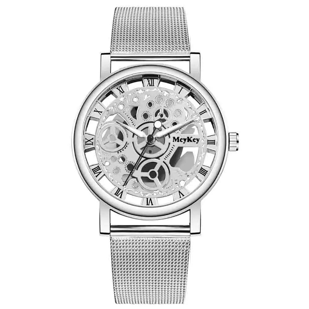 Storazone silver New Fashion Top Women Hollow Skeleton Faux Mechanical Watch Ladies Metal Mesh Quartz Wrist Watches For Female Relogio Feminino