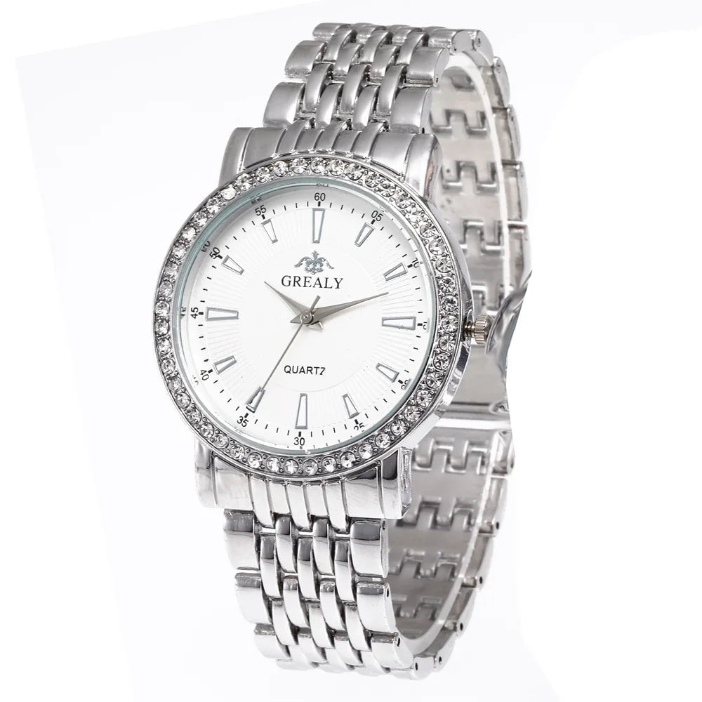 Storazone Silver White Big / CHINA New Casual Watches Women Luxury Fashion Lovers Watch Rhinestone Stainless steel Quartz Watch Men Women Gift Business Wristwatch