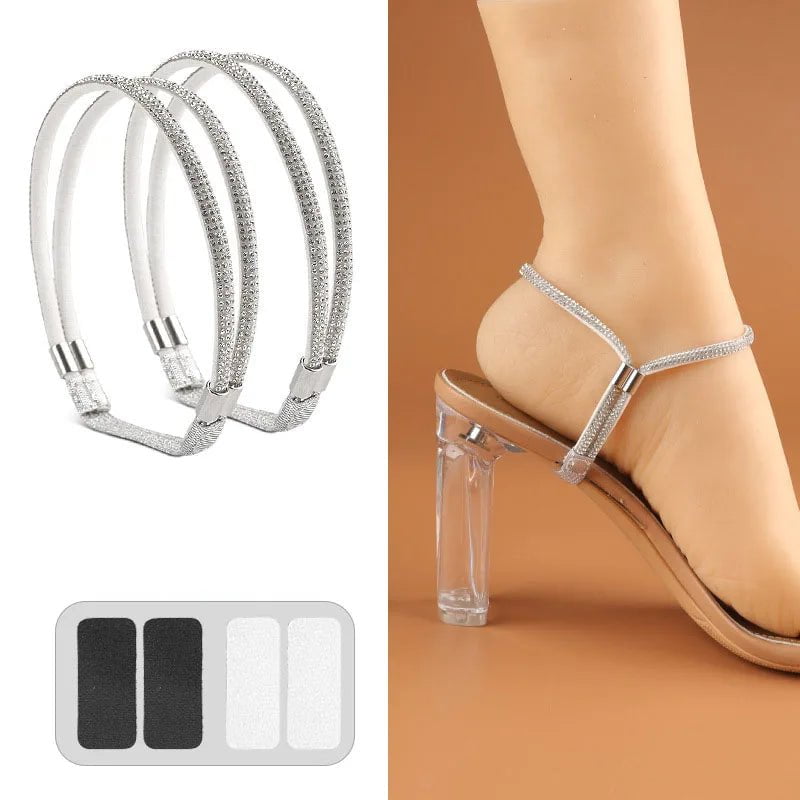 Storazone Silver white diamond / CHINA New Rhinestone High Heels Shoes Band Anti-loose for Women Diamond Shoelaces Anti-drop Heel Straps Belt Drill Elastic Fixed Belts