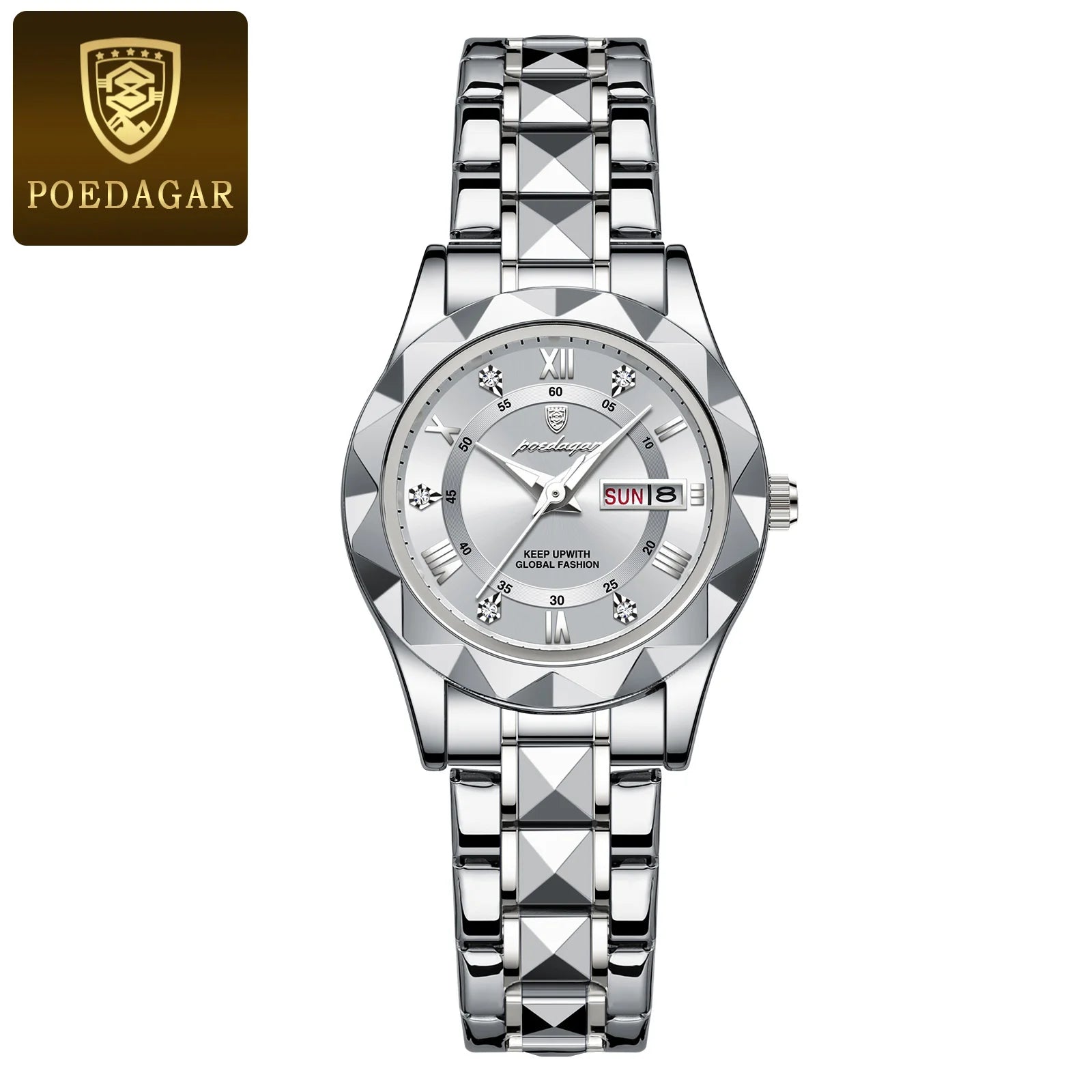 Storazone Silver White POEDAGAR Luxury Ladies Dress Watch Luminous Waterproof Week Date Woman Wristwatch Stainless Steel Women Quartz Watches reloj+box