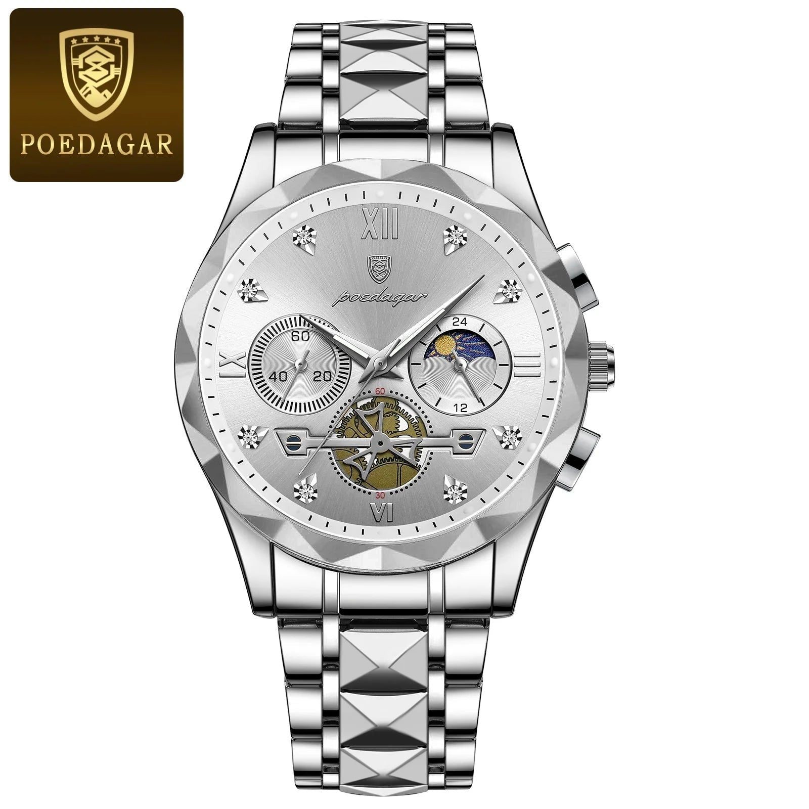 Storazone Silver White POEDAGAR Luxury Man Wristwatch Waterproof Luminous Chronograph Watch for Men Stainless Steel Men's Quartz Watches reloj hombre