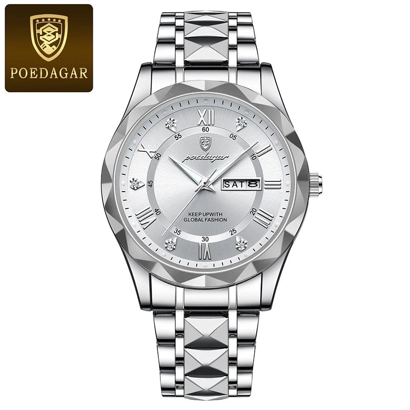 Storazone Silver White POEDAGAR Men Luxury Watches Stainless Steel Quartz Wrsitwatches Male Auto Date Clock with Luminous New Design Business Hands+box