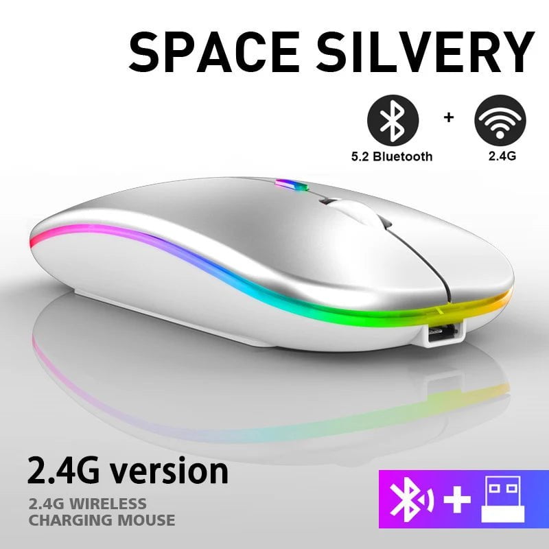 Storazone Silver Wireless Mouse RGB Rechargeable Bluetooth Mice Wireless Computer Mause LED Backlit Ergonomic Gaming Mouse for Laptop PC 3600DPI