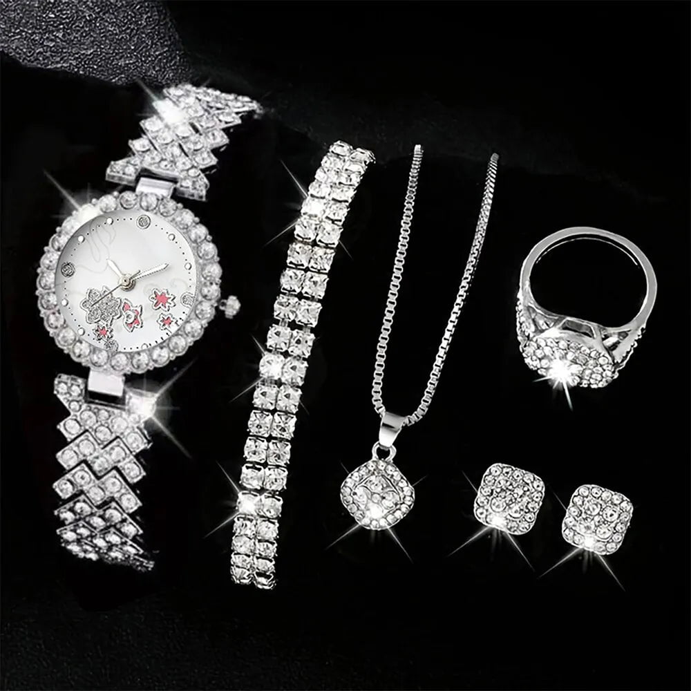 Storazone Silver Women Luxury Rhinestone Quartz Watch Hiphop Fashion Casual Analog Watches Jewelry Set Simple Ladies Wrist Watch Montre Femme