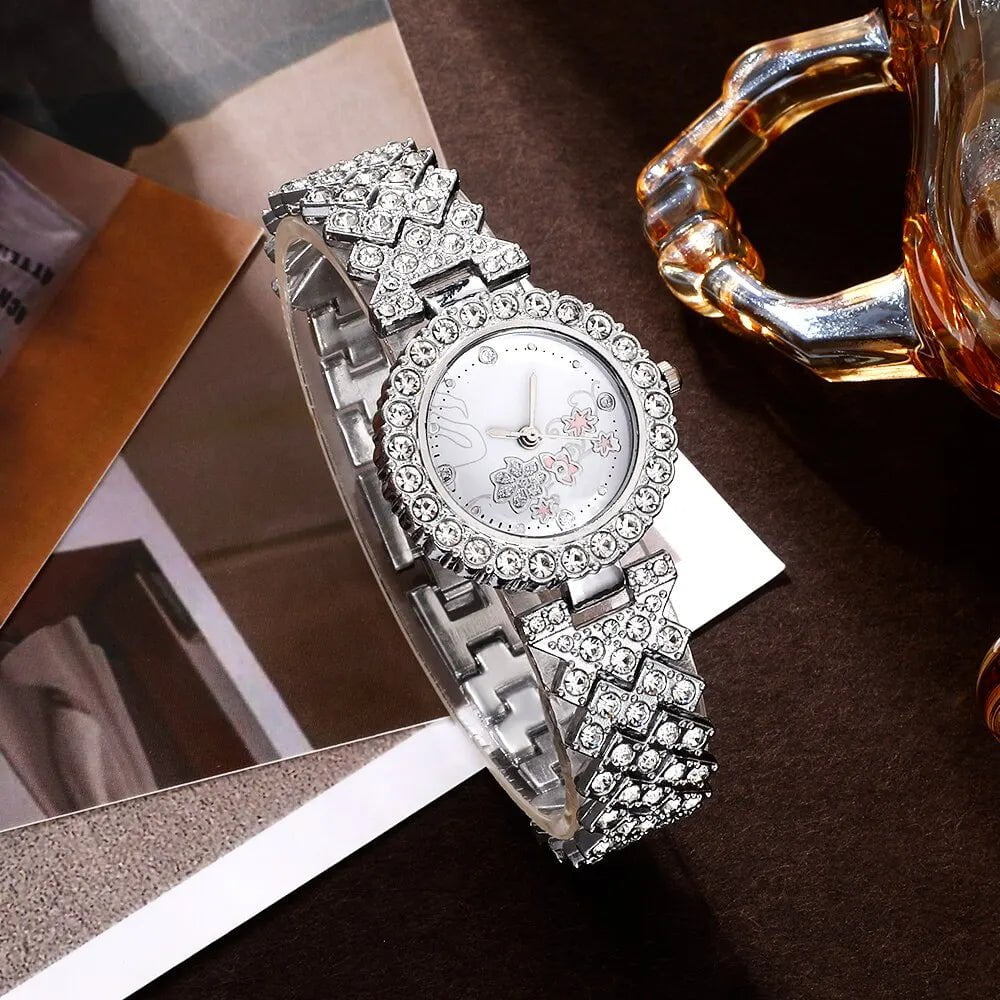 Storazone Silver Women Luxury Rhinestone Quartz Watch Hiphop Fashion Casual Analog Watches Jewelry Set Simple Ladies Wrist Watch Montre Femme