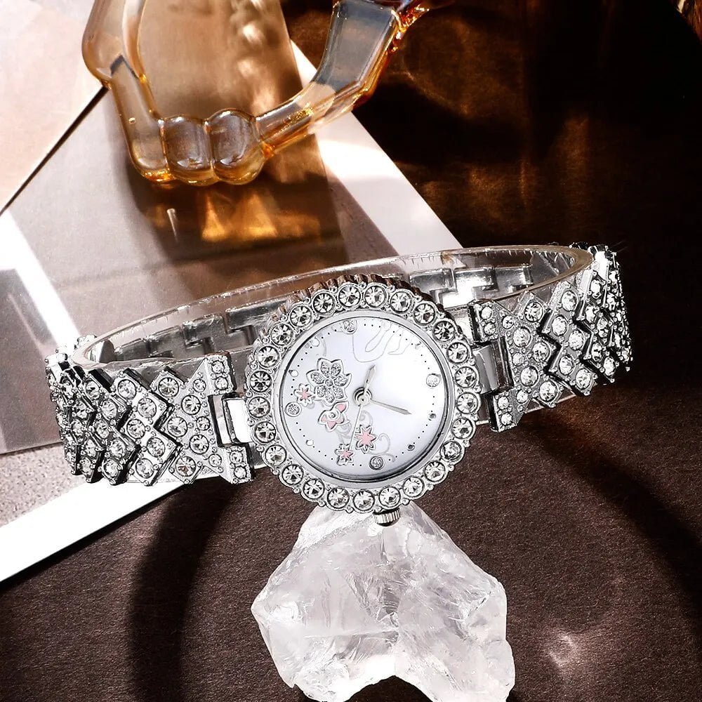 Storazone Silver Women Luxury Rhinestone Quartz Watch Hiphop Fashion Casual Analog Watches Jewelry Set Simple Ladies Wrist Watch Montre Femme