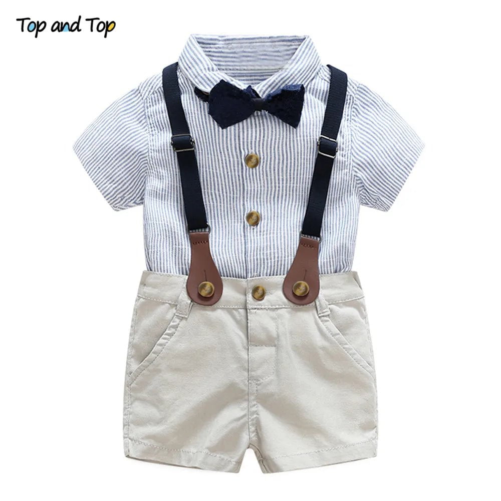 Storazone SKY BLUE / 3M Top and Top Baby Boys Clothes Set Summer Toddler Plaid Short Sleeve Shirt Tops+Suspenders Shorts Gentleman Suit for Wedding