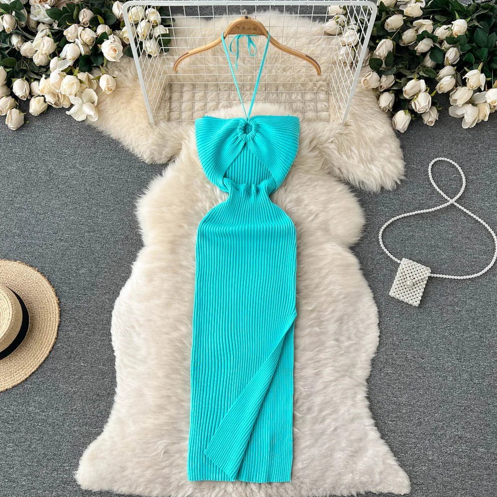 Storazone SKY BLUE / One Size YuooMuoo Chic Fashion Sexy Package Hips Split Knitted Summer Dress Women Slim Elastic Bodycon Party Dress Streetwear Outfits