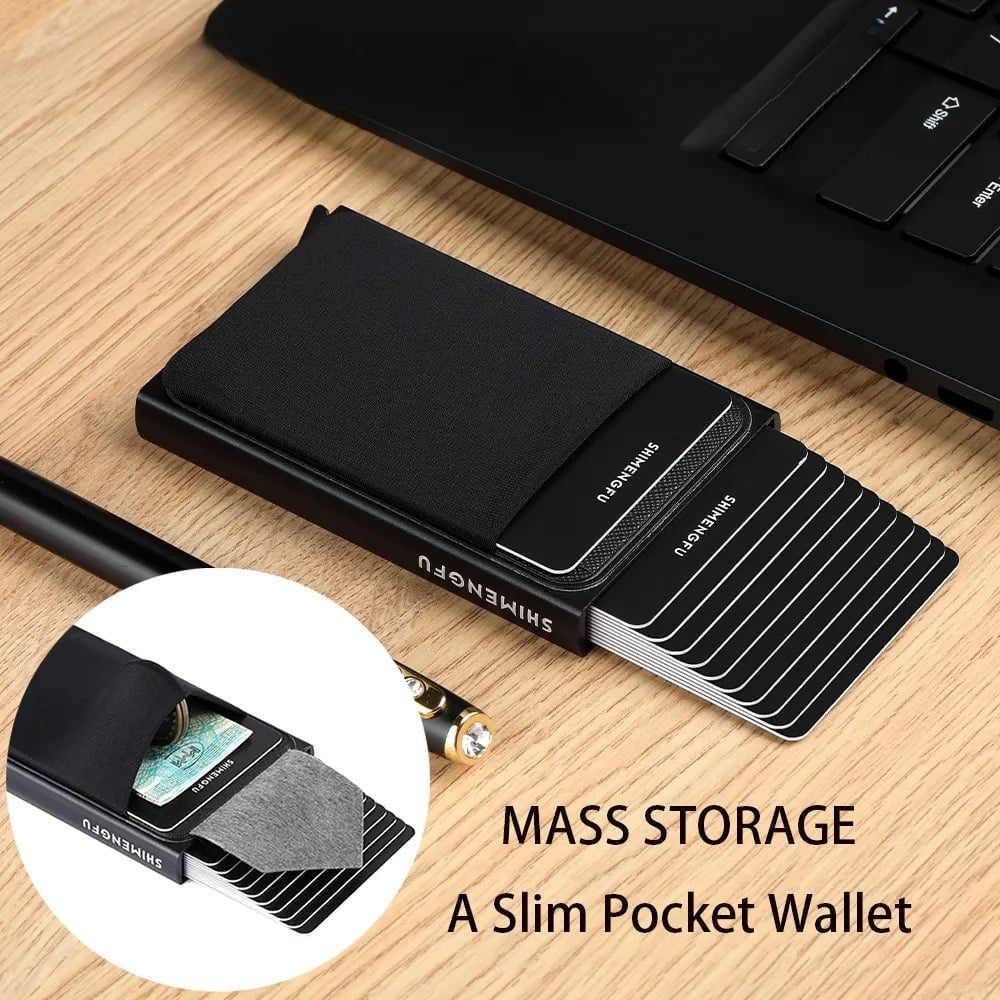 Storazone Slim Aluminum Wallet with Elasticity Back Pouch ID Credit Card Holder Mini RFID Wallet Automatic Pop Up Bank Card Case Men Purse