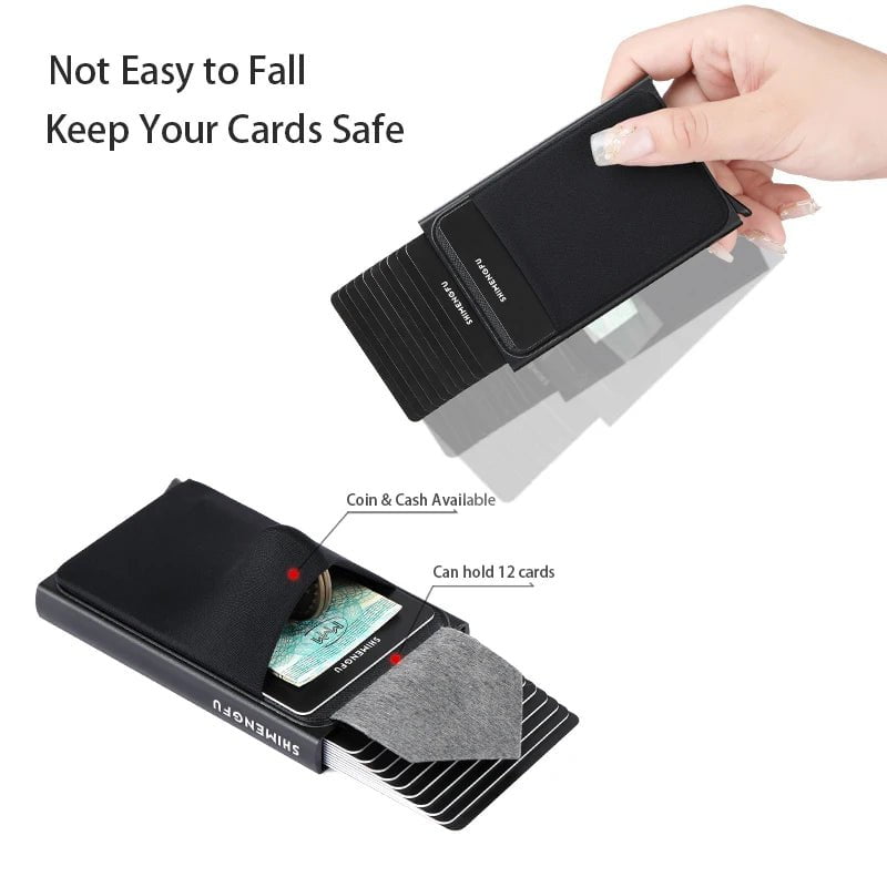 Storazone Slim Aluminum Wallet with Elasticity Back Pouch ID Credit Card Holder Mini RFID Wallet Automatic Pop Up Bank Card Case Men Purse