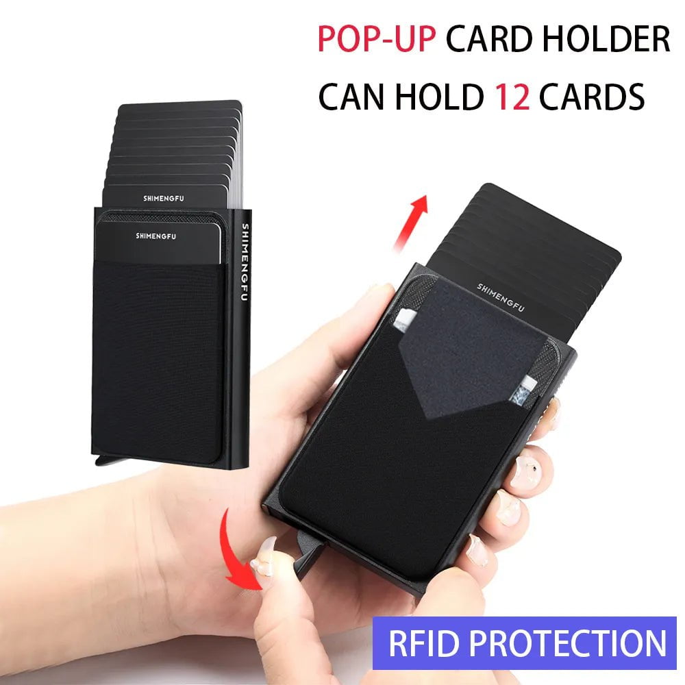 Storazone Slim Aluminum Wallet with Elasticity Back Pouch ID Credit Card Holder Mini RFID Wallet Automatic Pop Up Bank Card Case Men Purse