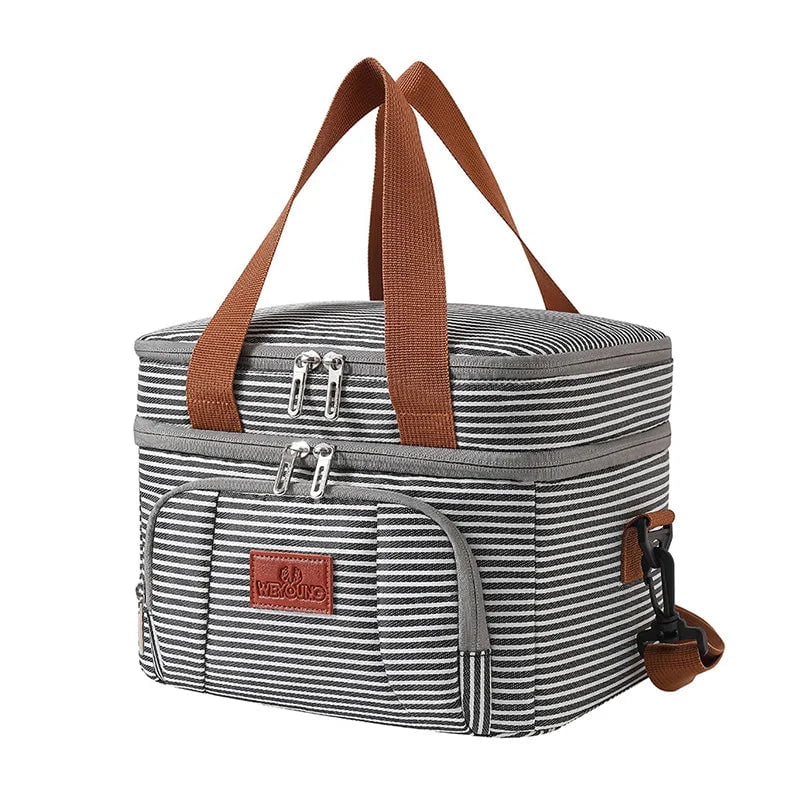 Storazone Small Stripe Multifunctional Double Layers Tote Cooler Lunch Bags for Women Men Large Capacity Travel Picnic Lunch Box with Shoulder Strap